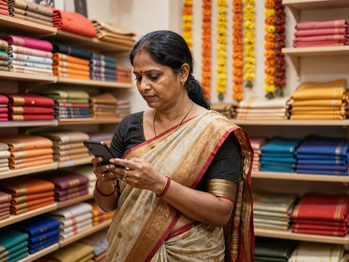 A saree boutique owner in her shop, sending an offer to her customers on WhatsApp