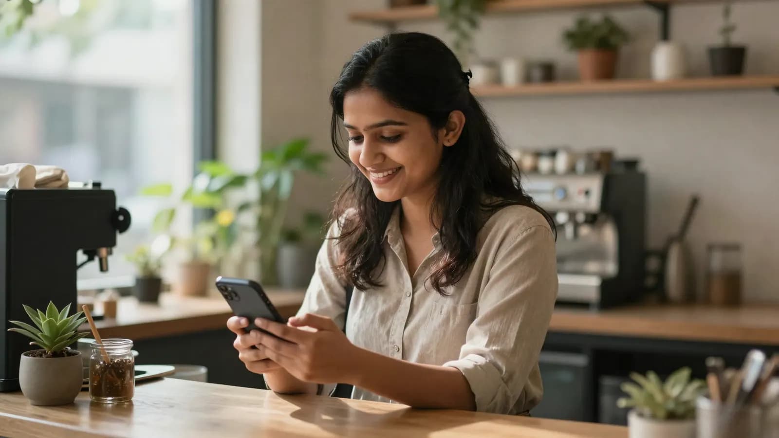 A café owner behind her counter, smiling at a WhatsApp reply on her phone