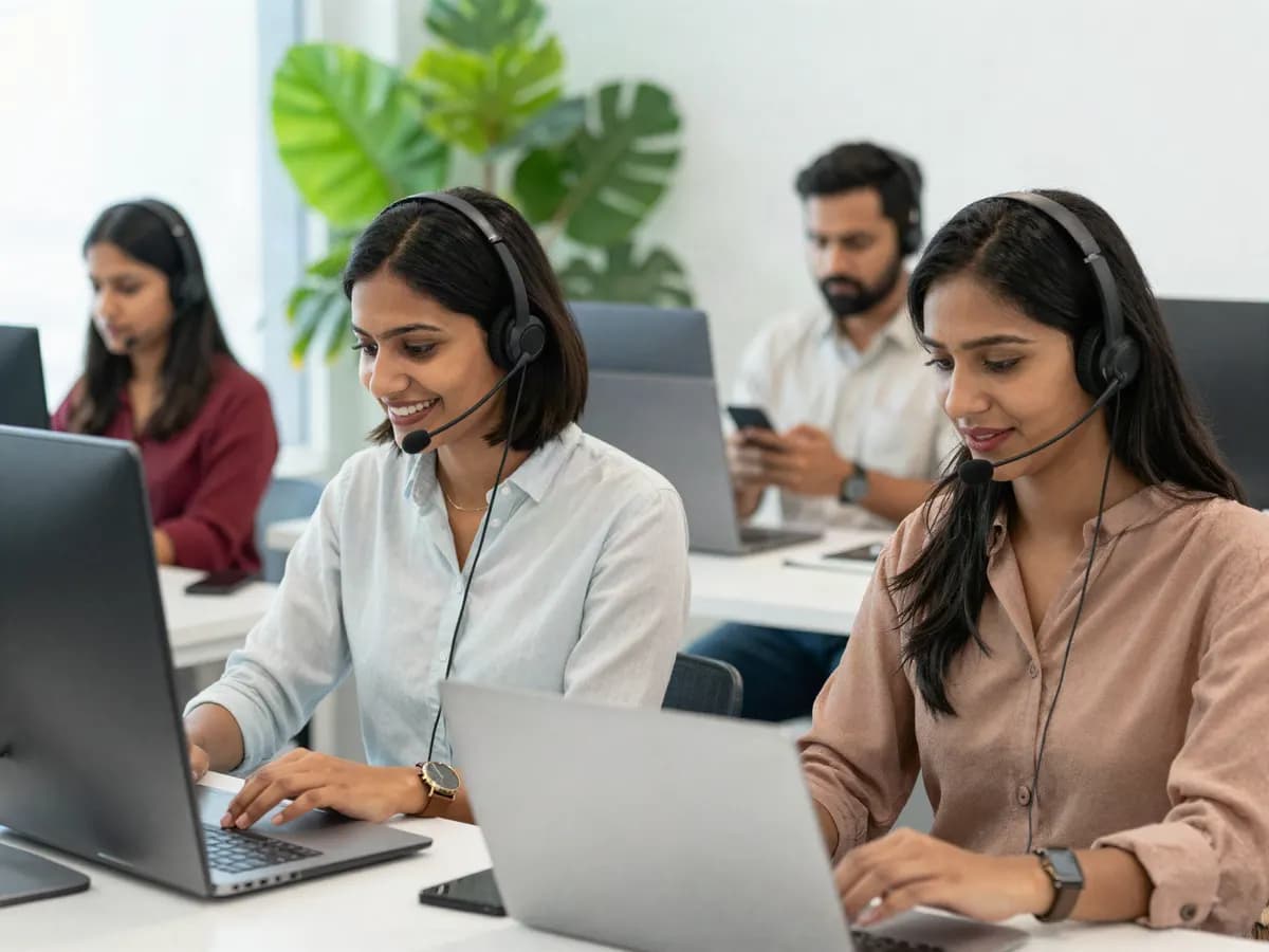 A customer support team wearing headsets, answering chats together