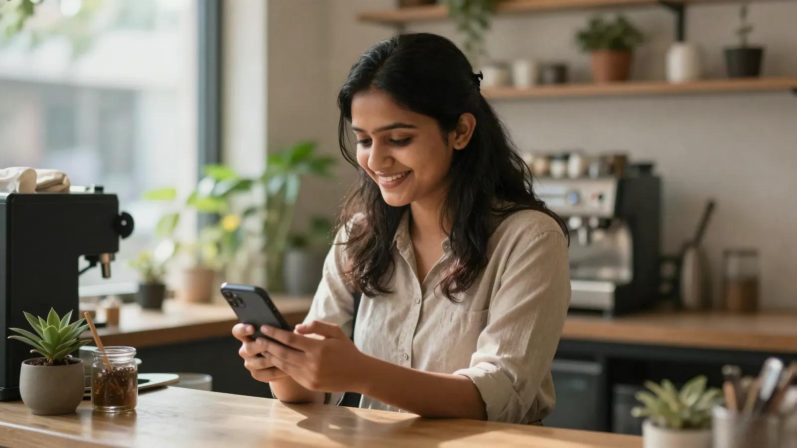Illustration: a cafรฉ owner behind her counter, smiling at a message on her phone